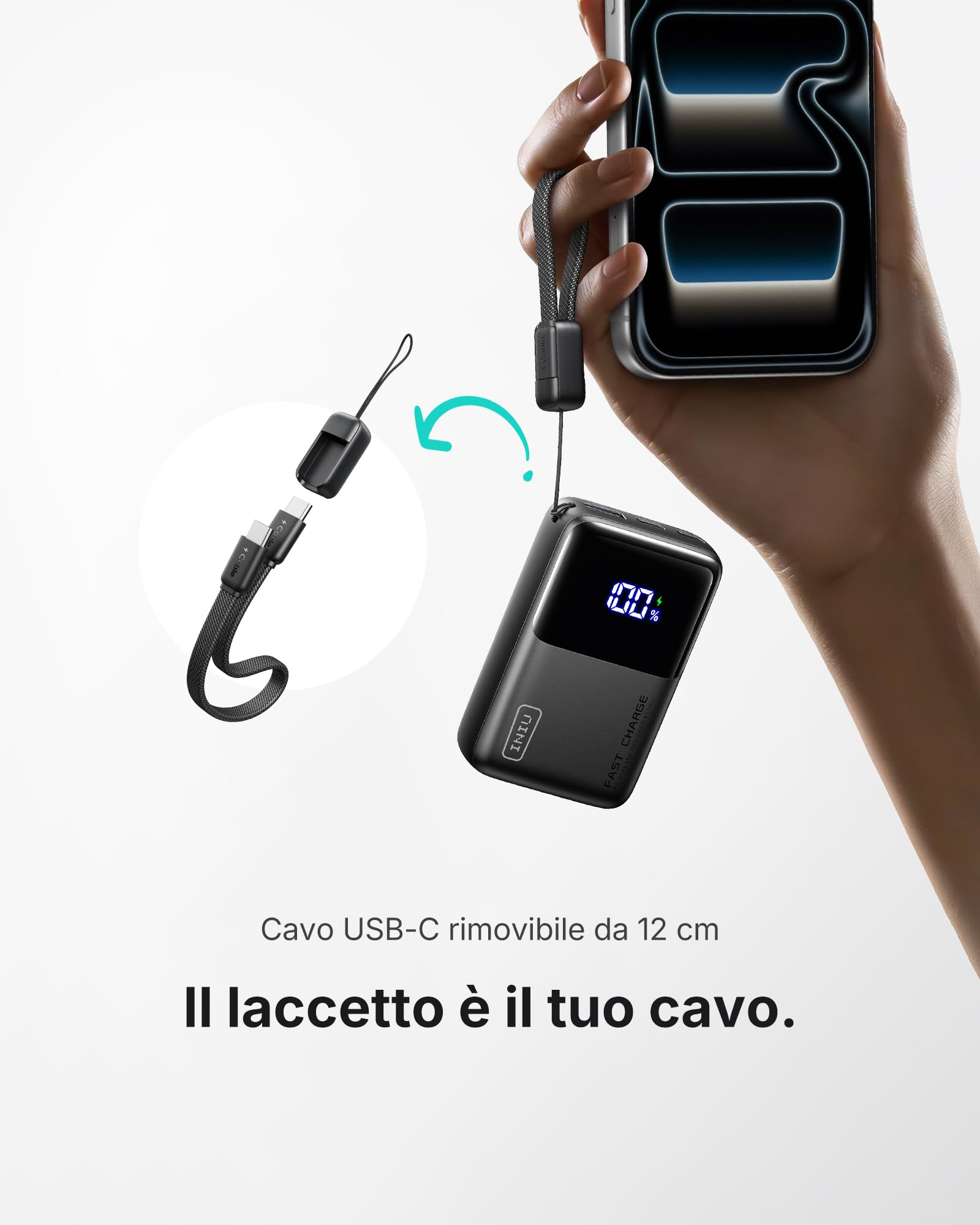 INIU Power Bank, Ultra Mini 45W Ricarica Rapida 10000mAh Powerbank con Cavo USB C Staccabile, Idoneo per Volo, Essenziali da Viaggio, Caricatore Portatile per iPhone 17 16, Samsung, Xiaomi, iPad ecc.
