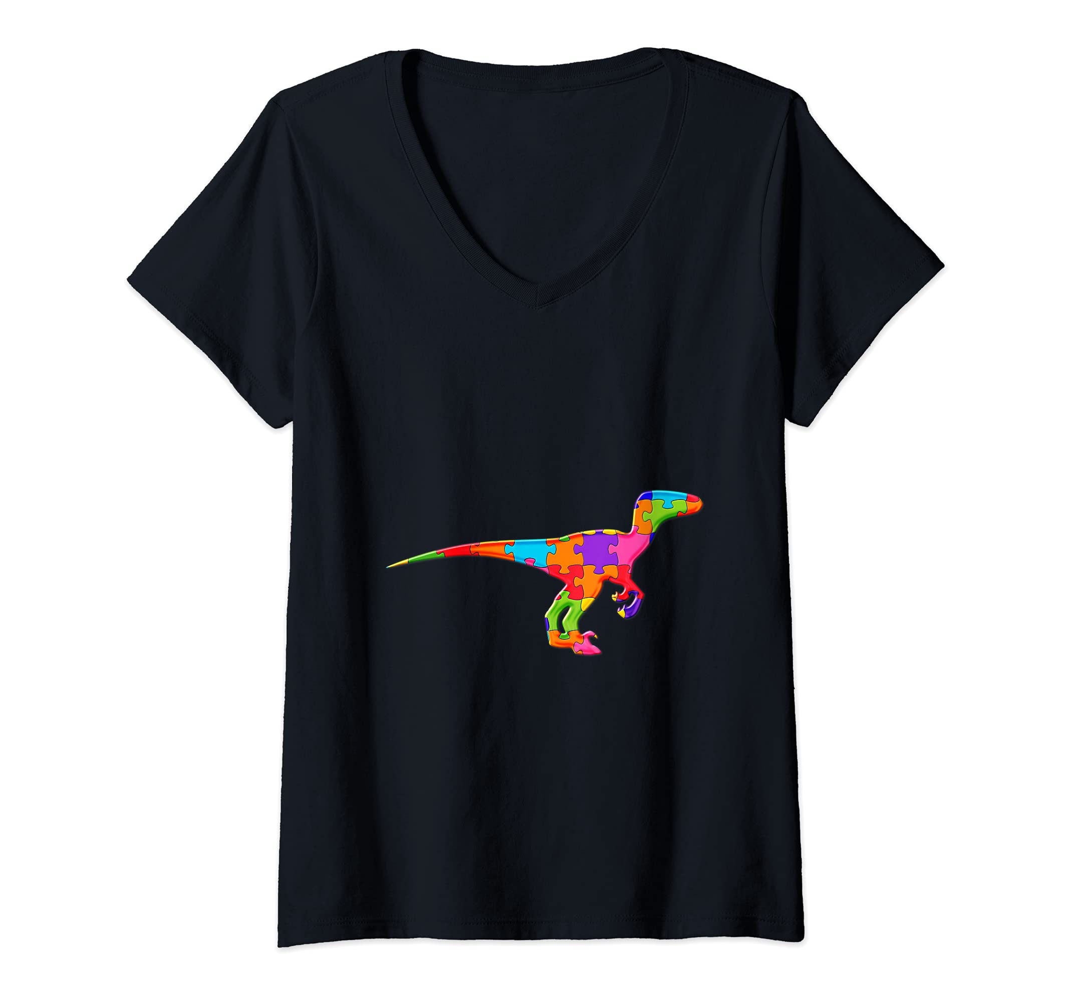 Womens Dinosaur T rex Dino Jigsaw Autism Puzzle V-Neck T-Shirt