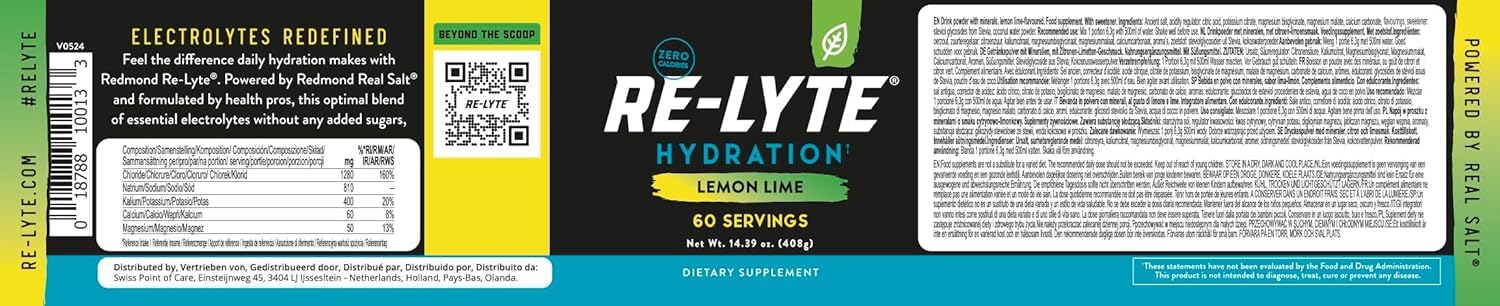 REDMOND Re-Lyte HYDRATION Drink Mix LEMON LIME LARGE, 408g Dose - Elektrolytepulver, zuckerfrei, mit echtem Redmond Real Salt und über 60 wichtigen Mineralstoffen & Spurenelementen
