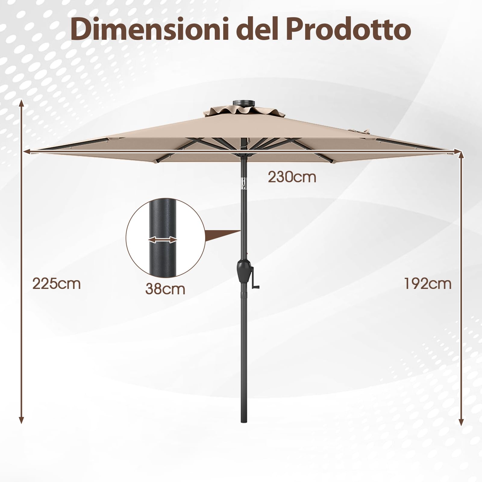 COSTWAY Ombrellone da Giardino 230 cm, Ombrello per Esterni con inclinazione Regolabile, 18 Luci LED, Manovella e Tettuccio Ventilato, Ombrello per Giardino, Cortile, Piscina (Marrone)