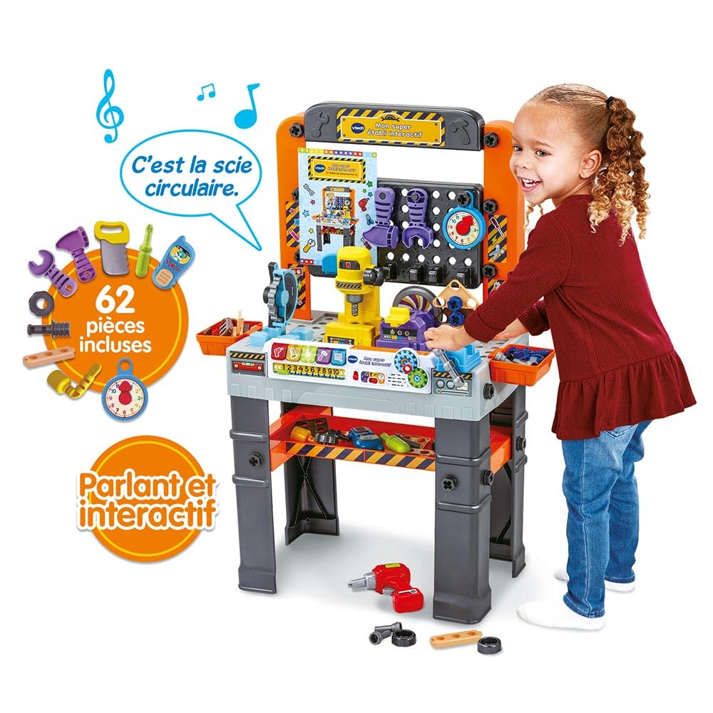 VTech - Mon Super Établi Interactif, Bricolage Enfant, Jeux Éducatifs, Jeu de Construction Autonome, 96 Pièces et Accessoires de Jeu, Cadeau Garçon et Fille de 3 Ans à 7 Ans - Contenu en Français