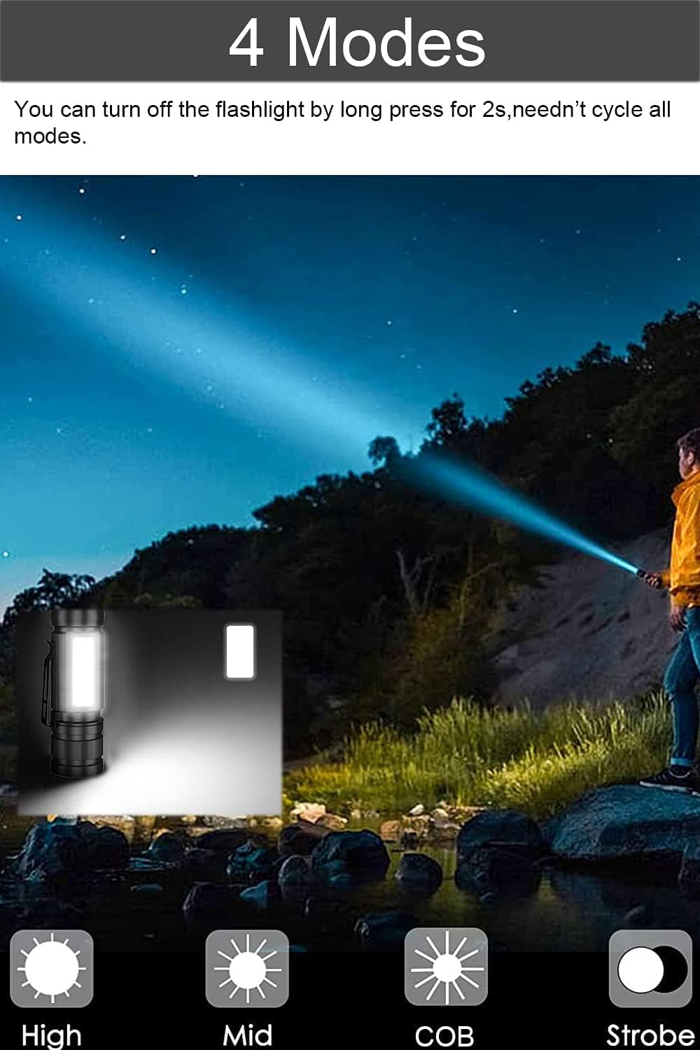 Magnetic LED Flashlight,High Lumen Rechargeable Flashlights with COB Sidelight,Zoomable,4 Modes,Water Resistant,Bright High Lumen FlashLights for Camping Gear,Emergencies - - 