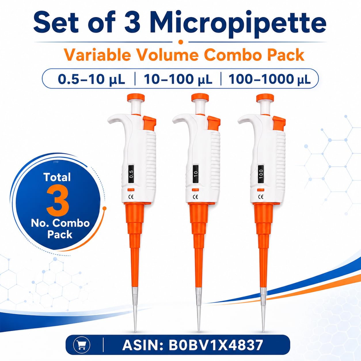 BEXCO Adjustable Variable Volume Micropipette Set of 3 (0.5-10uL