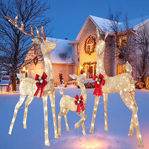 4.6Ft Outdoor Lighted Christmas Decorations Deer Family,3-Piece Lighted Christmas Reindeer With Bell Bows,Outdoor Holiday Yard Decorations With 240 Warm White Led Lights, Ground Stakes, Zip Ties #TOP7