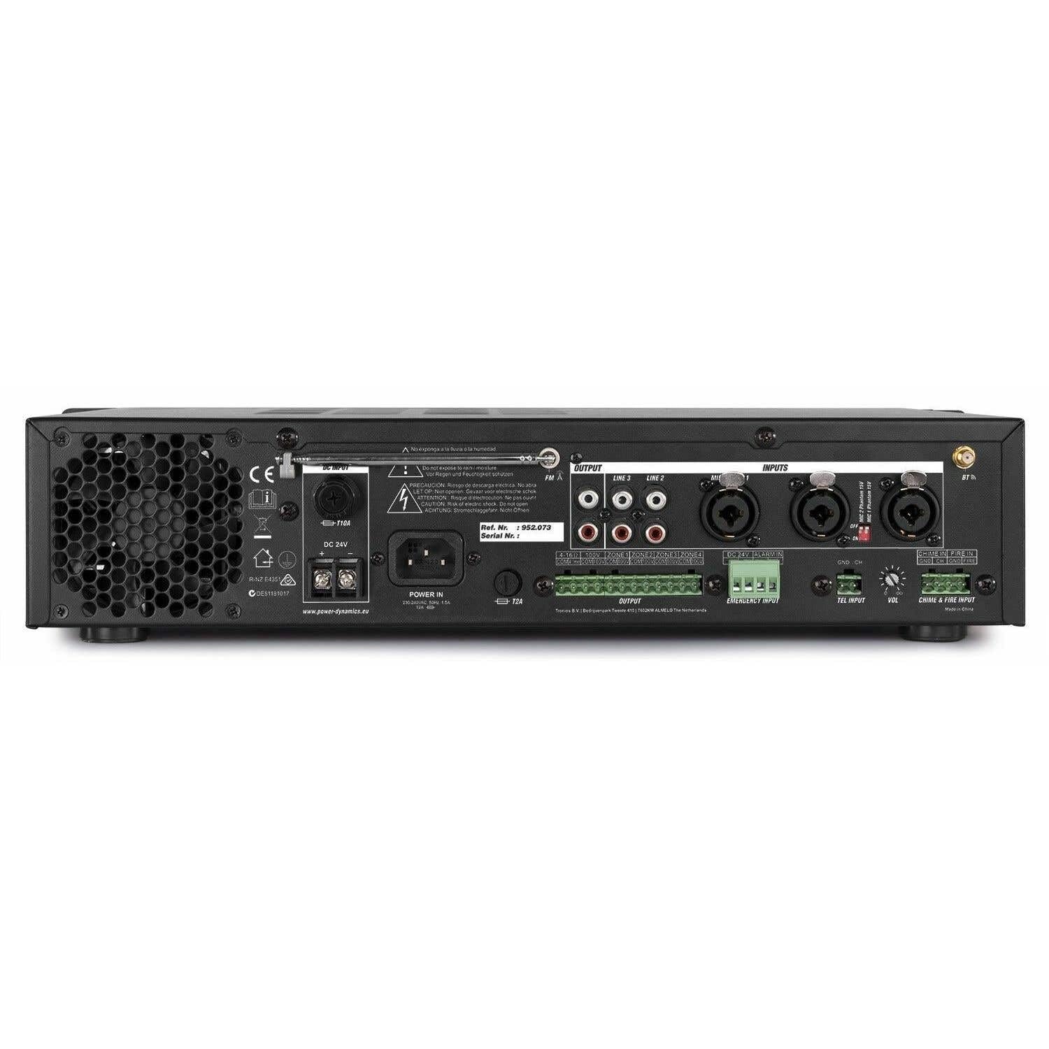 Power Dynamics PDV360MP3 Amplificateur Mixeur 100V 4 Zones - 360W, USB, SD, MP3, Bluetooth, Tuner FM, Canal Micro, Contact 24V pour Alarme Incendie, Idéal pour Tout Lieu à Sécuriser