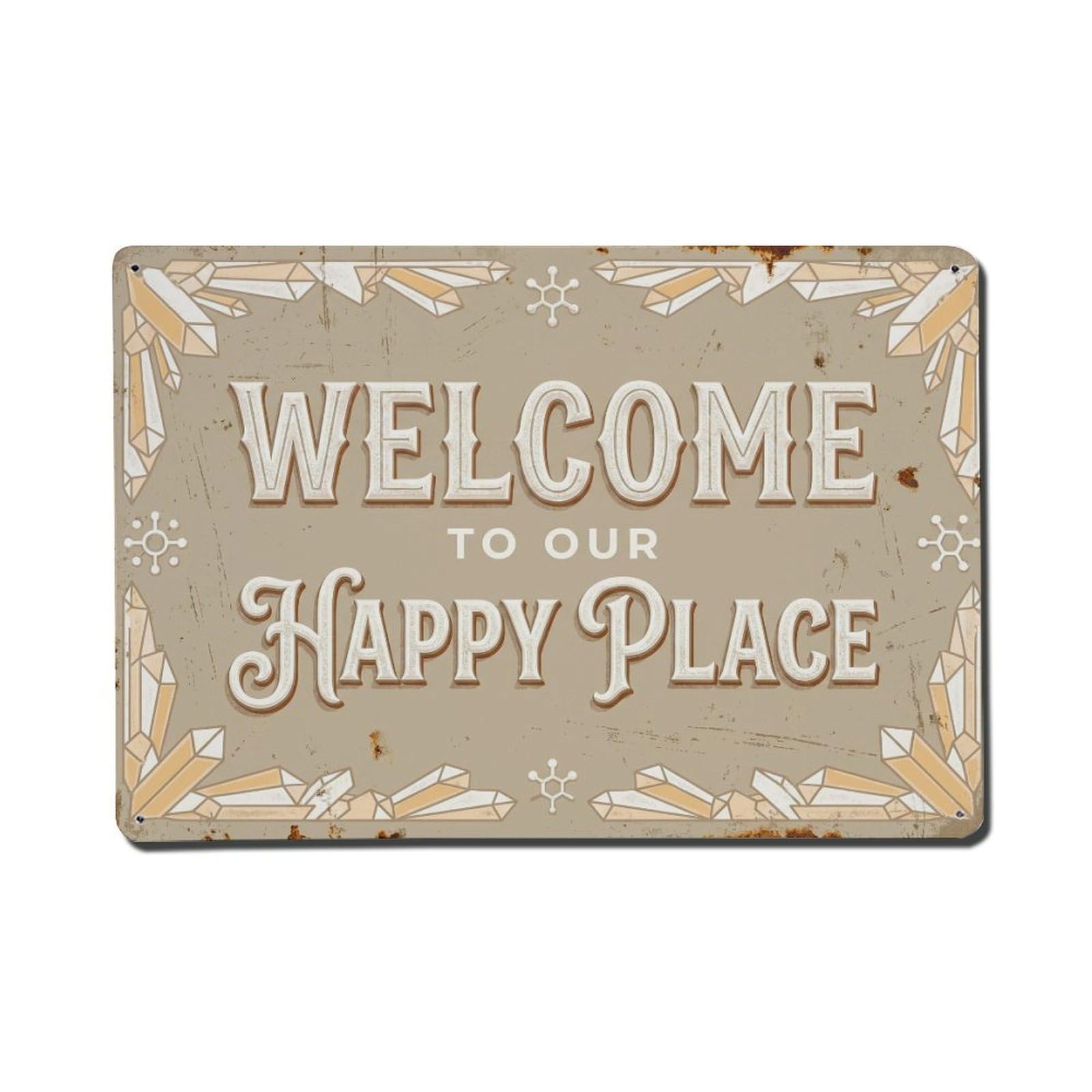 Okngb Style Smoky Quartz Welcome Happy Place Country Garden Gate Metal Tin Sign Plaque Wall Decor For Cafe, Man Cave, Club Bar, Office, Home Garden Round Metal Poster 8X12inch