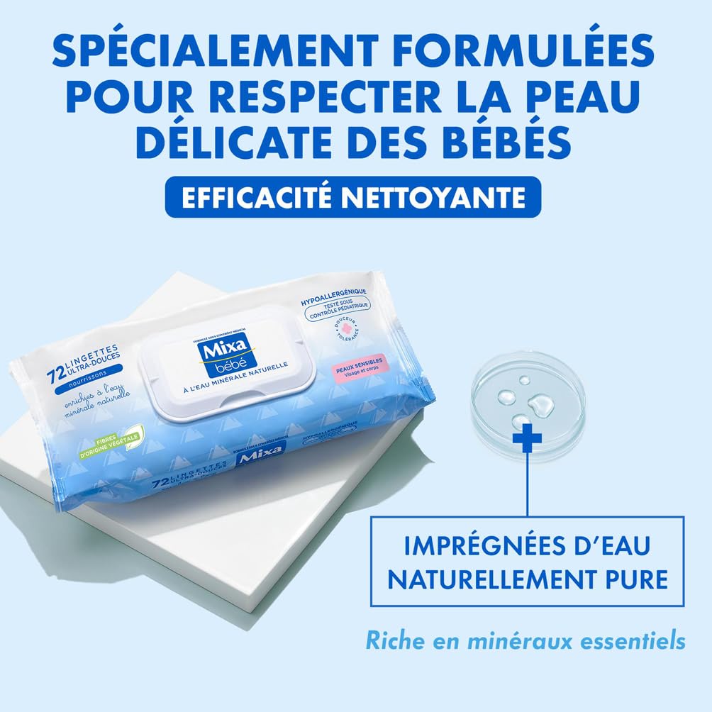 Mixa Bébé Lingettes à l'Eau Minérale Naturelle - Fibres Végétales - Hypoallergénique - Lot de 12 x 72