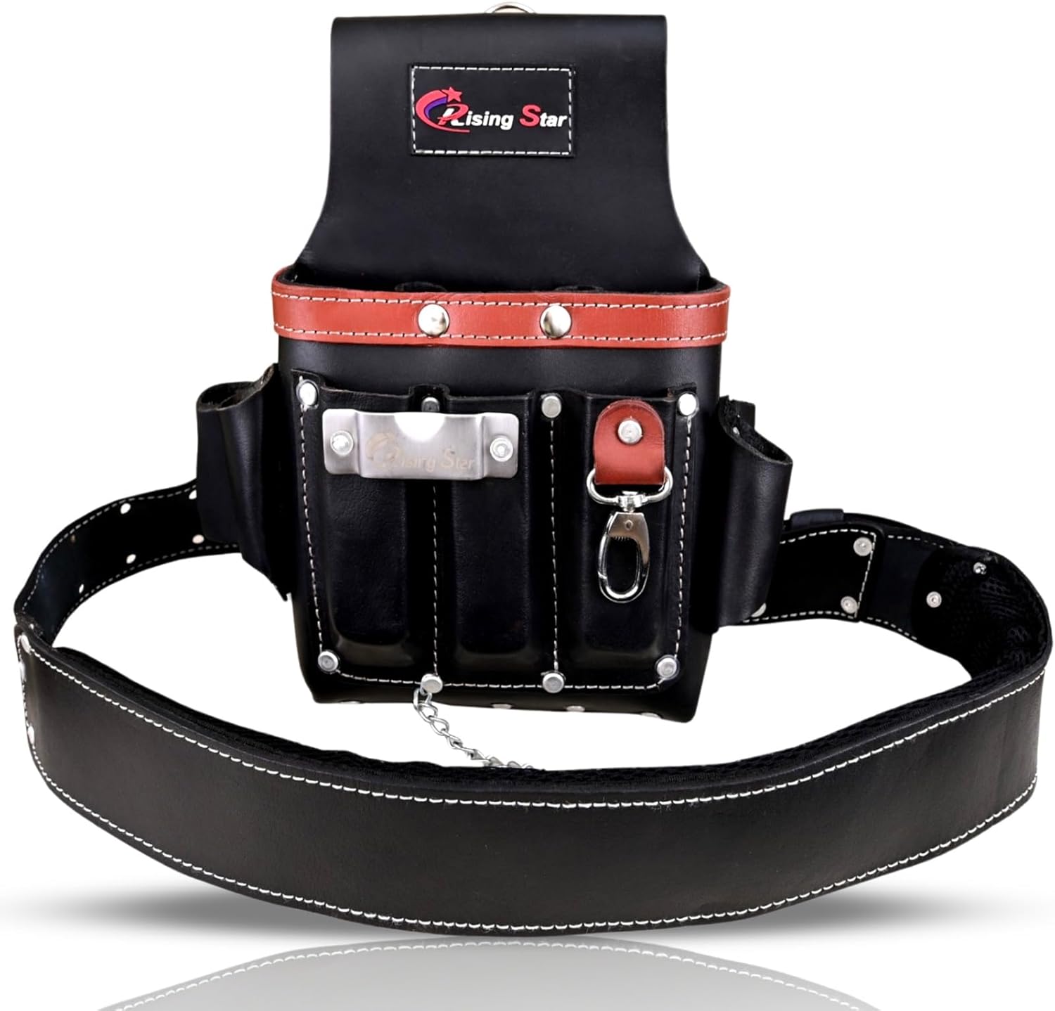 RISING STAR 100% BLACK ELECTRICIAN LEATHER TOOL POUCH WITH ADJUSTABLE BELT, TOOL HOLDER FOR NAILS, HAMMER,WRENCH,PLIERS,TAPE MEASURE,IDEAL TOOL POUCH FOR CRAFTSMEN, CARPENTERS,FARMERS (11 POCKETS)