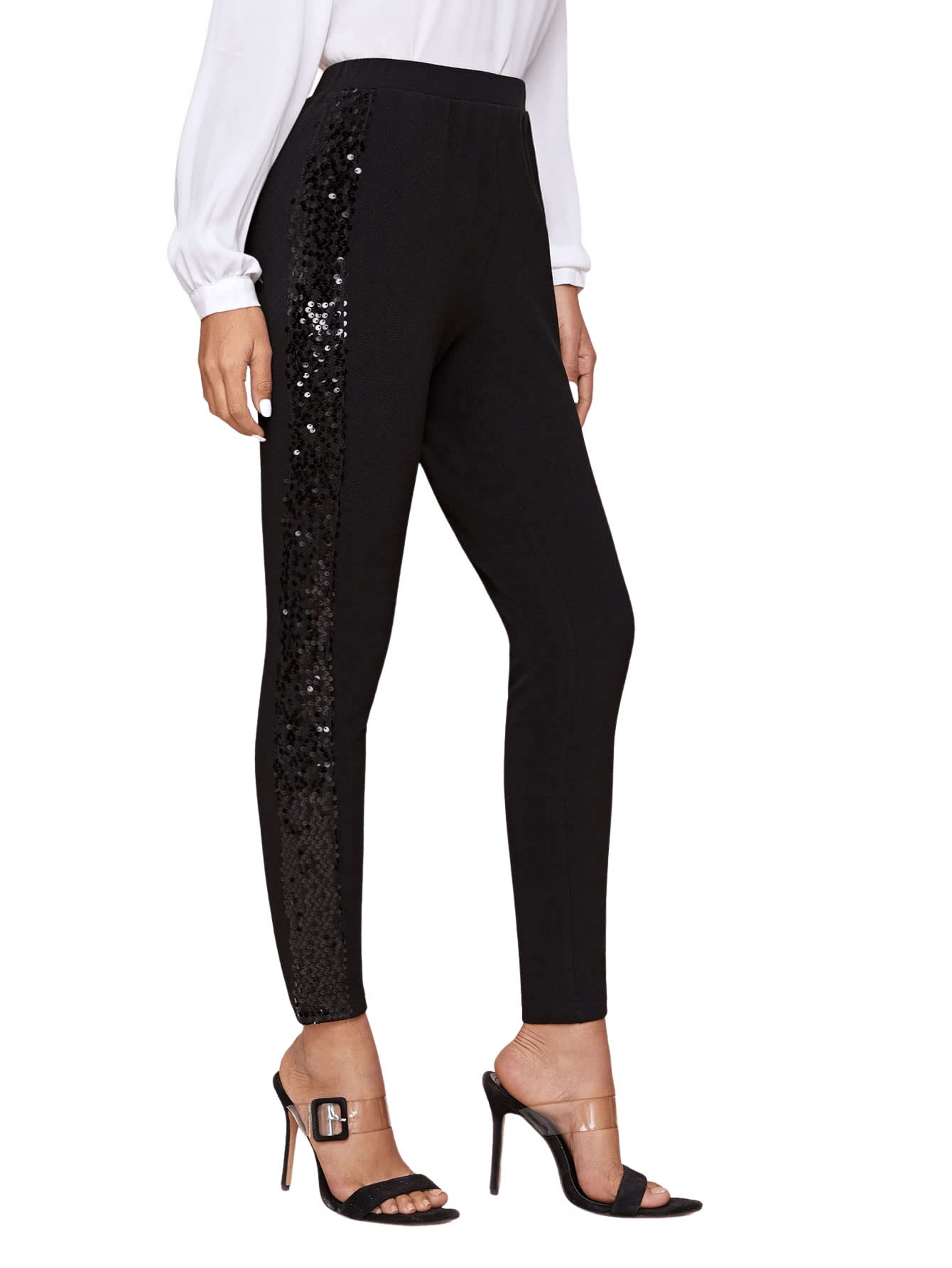 SweatyRocks Womens Elegant High Elastic Waist Sequins Pants Solid Skinny Cropped Pants