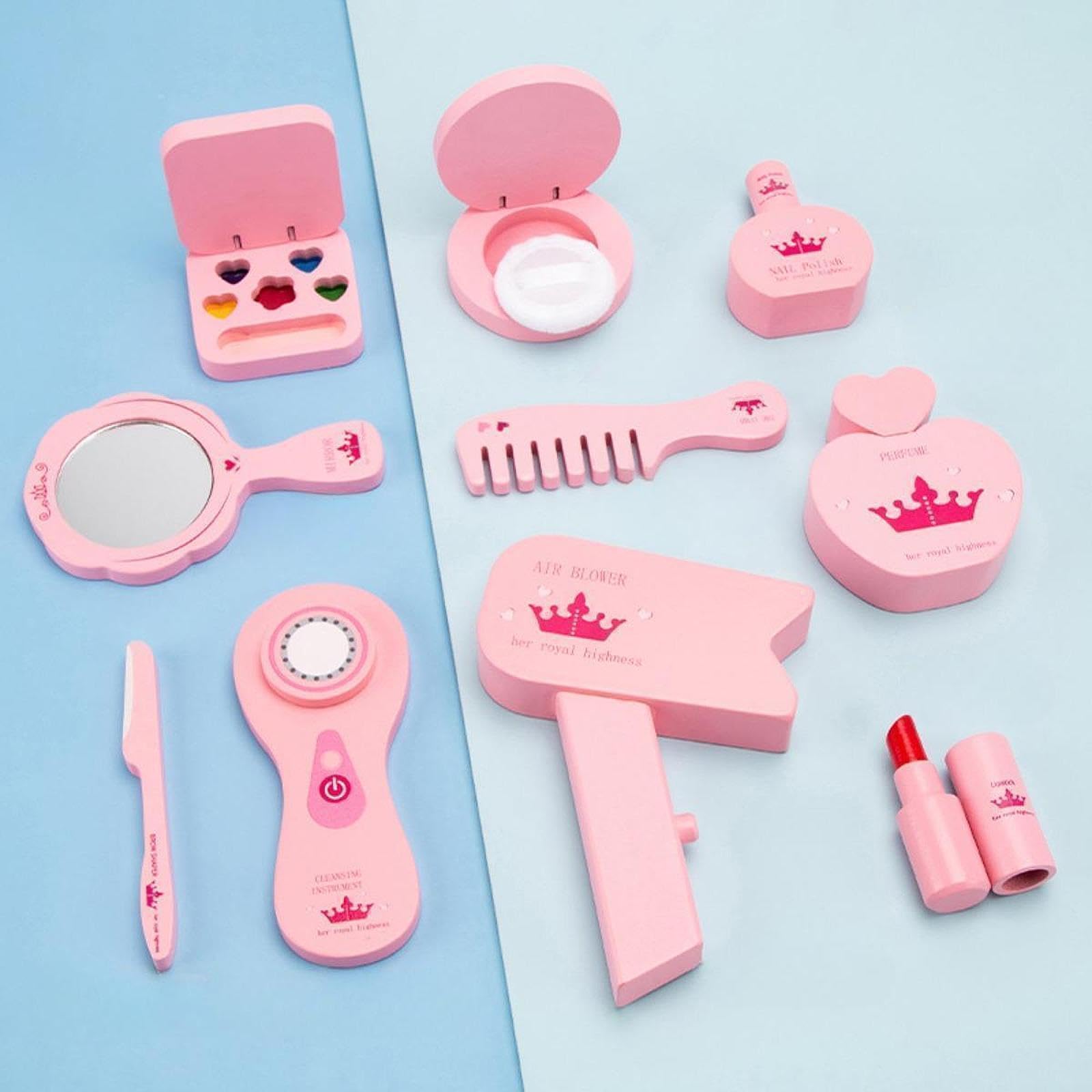 Set di Giocattoli per il Trucco Bambini, 10 Strumenti Cosmetici in Borsa Portatile, Tessuto di Legno, Giochi di Ruolo