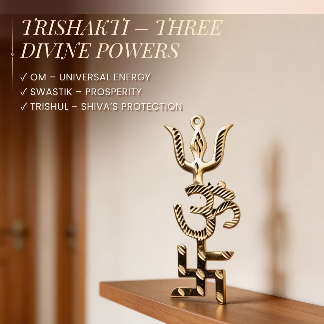 Plus Value Trishakti Yantra Vastu Brass Swastik, Om, Trishul for Home, Office Main Door Protection and Decor, 5 Inch Gold, Positive Energy, Good Luck, Astrology Gift, Entrance Wall Hanging 1