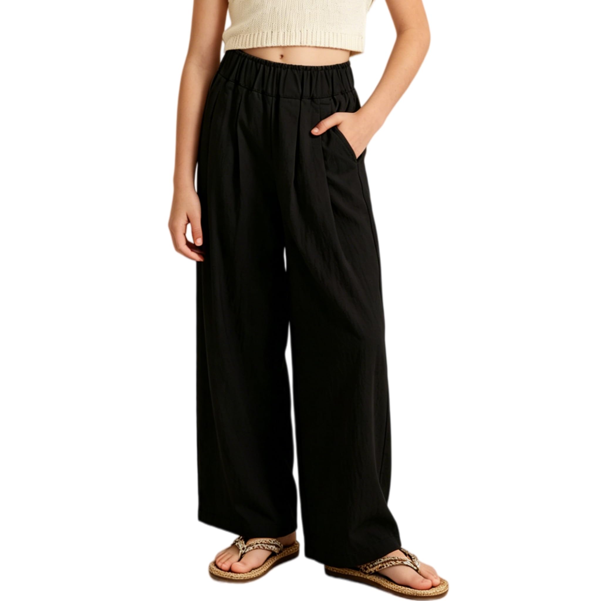 Rolanko Pantalones de Pierna Ancha para Niñas, Pantalones Palazzo de Verano con Bolsillos y Cintura Elástica de Paperbag