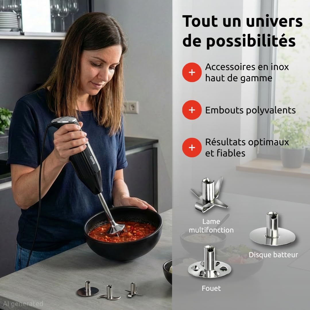 bamix Set avec mixeur plongeant M250 PRIME avec couteau étoile, disque fouet et disque mélangeur en inox, 250 W, 2 vitesses, Fabriqué en Suisse, Noir/Chromé