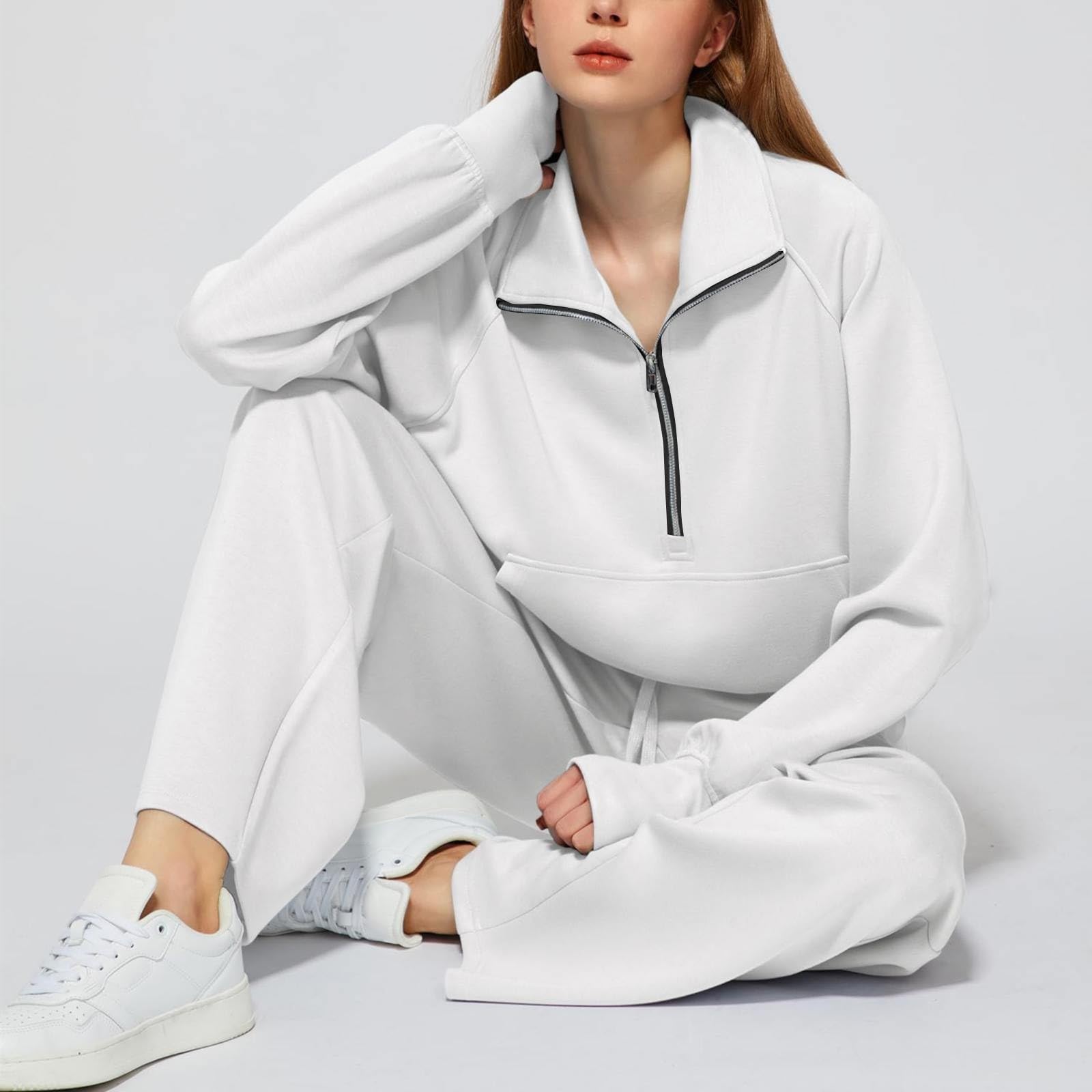 Chándal de dos piezas para mujer, sin capucha, traje deportivo de 2 piezas, conjunto de pantalones de pierna ancha, ropa de ocio, traje de casa con media cremallera, atuendo informal de viaje