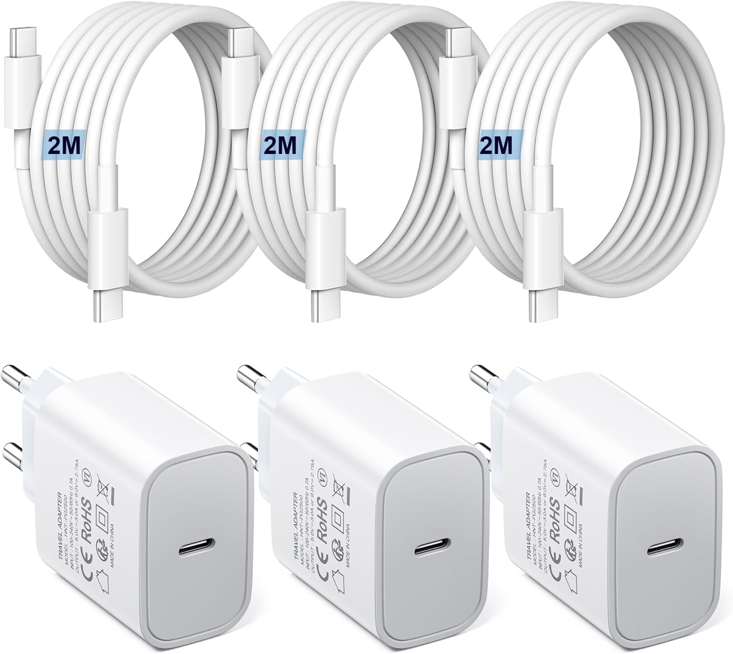 [3 pezzi] Caricatore USB C 25 W, caricabatterie rapido PD3.0 USB C spina tipo C cellulare alimentatore di rete con cavo da 2m, compatibile con iPhone 16/16 Plus/16 Pro Max/15/15 Plus/Galaxy S23