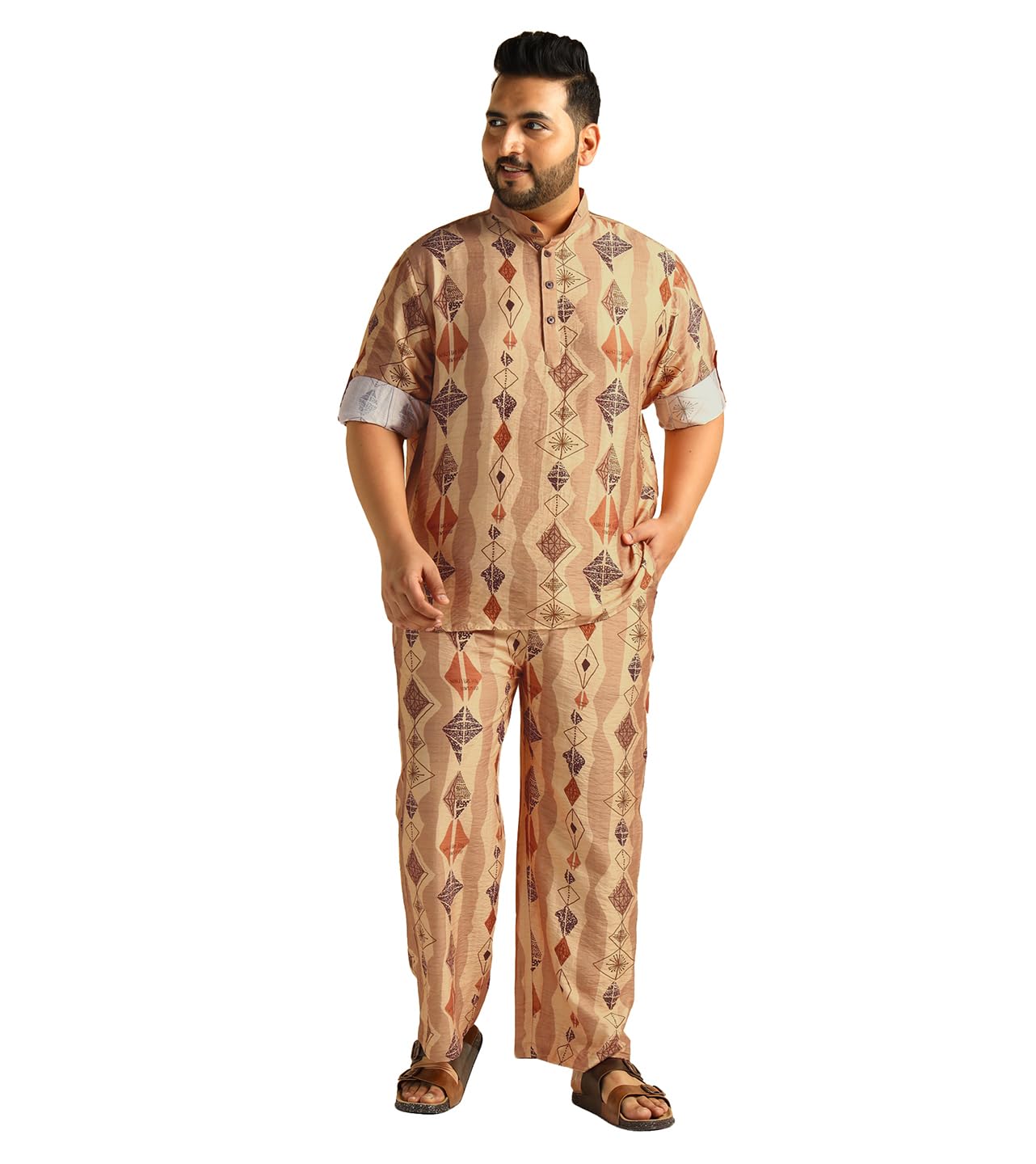 Men's Geometric Print Nylon Kurta with Bell Bottom Pant Cord Set|Mens Kurta Pajama Set|Plus Size Co ords for Men Fashion|Beach Casual Wear|Two Piece|Mandarin Collar(Dark Beige)-image-43