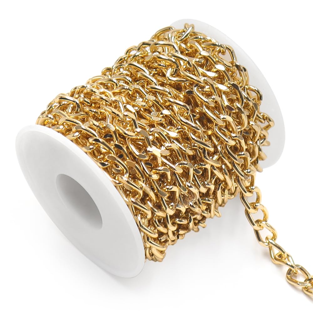 5m Rouleau Chainette pour Bijou Rouleau Aluminium Chaines pour Bracelet à Bricoler Soi Même Collier Fabrication de Bijoux,6.5×10mm(Doré)