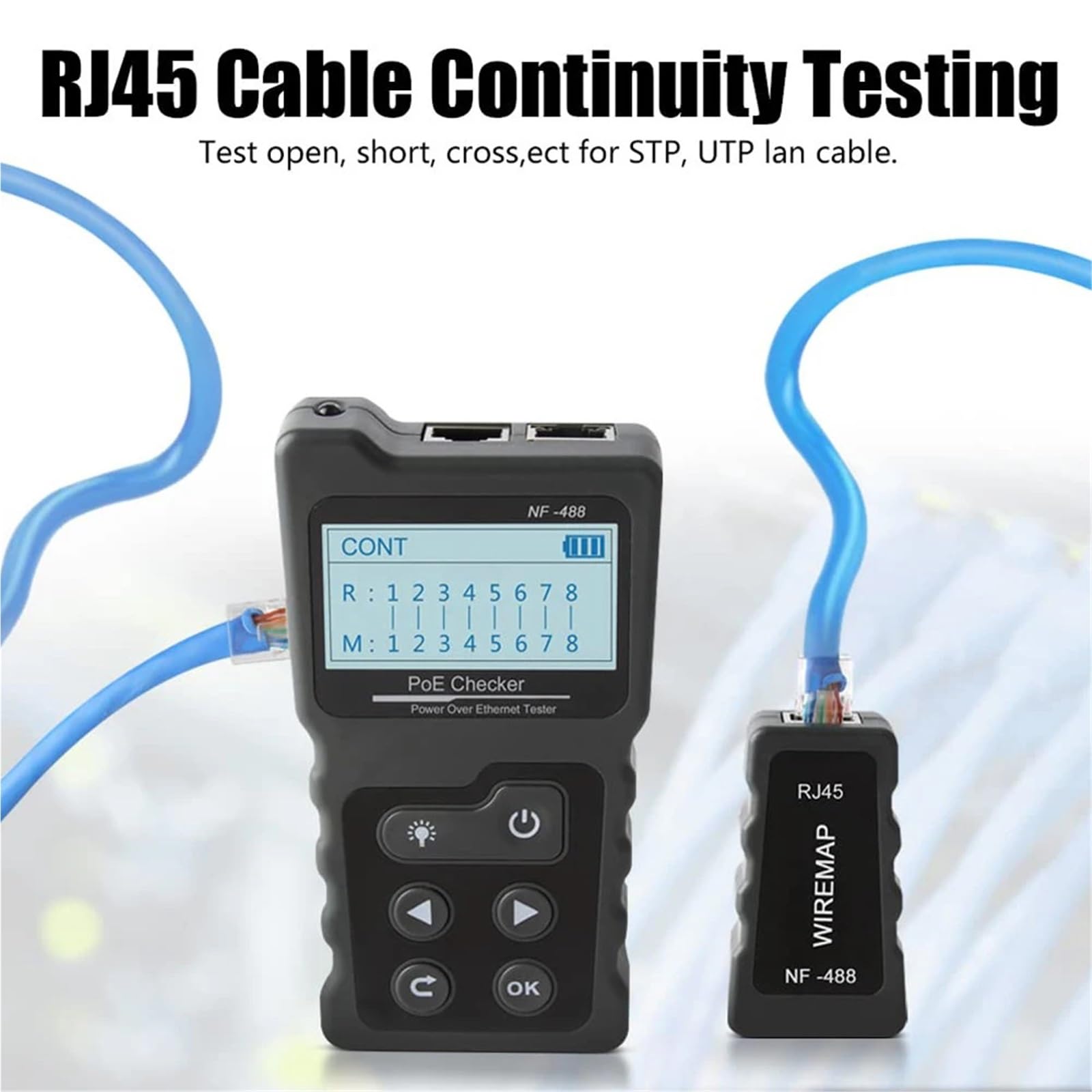 Comprobador de cables red, prueba conmutador PoE en línea, voltaje, polaridad, rastreador, herramienta bucle con pantalla LCD Pruebas de transmisión