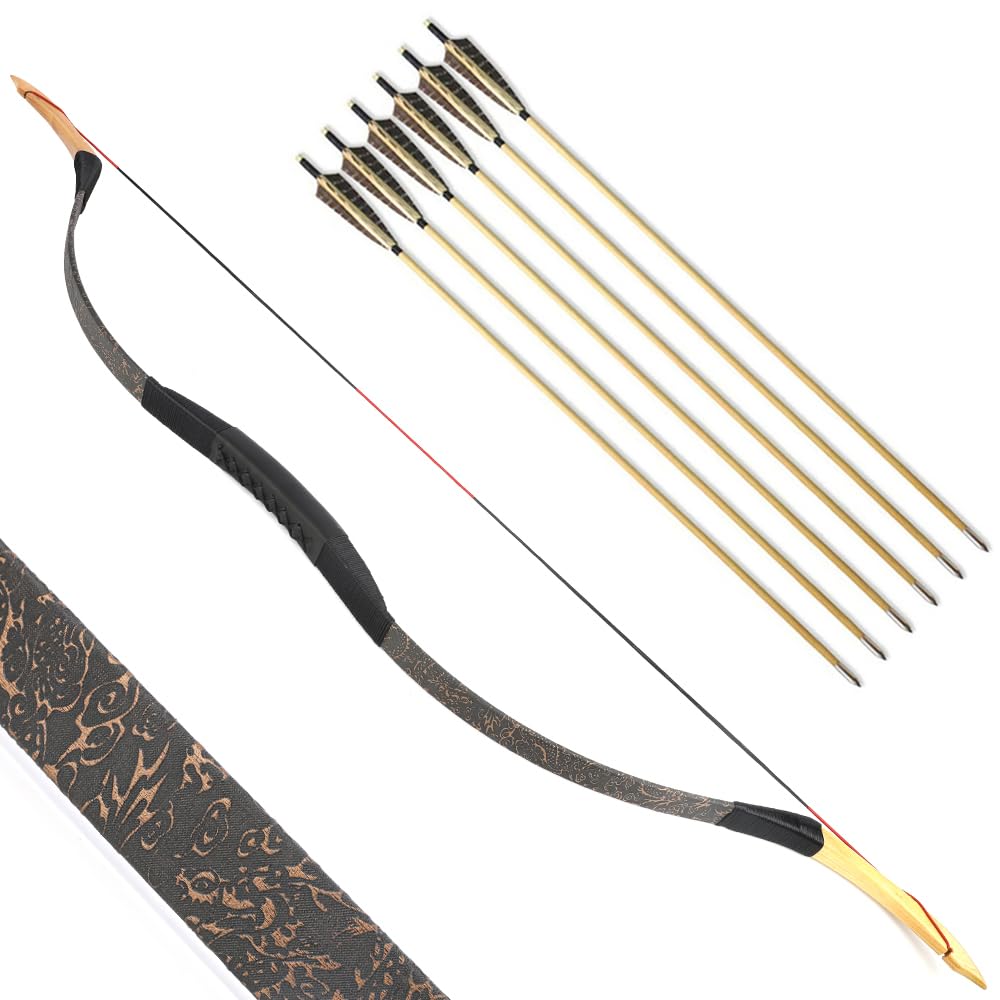 SHARROW Archery Traditional Bow Recurve Bow and Arrows Set Handmade Longbow Wooden Mongolian Horsebow Hunting Bow 20-50lbs for Adult Shooting Practice (45lbs, Type 3)