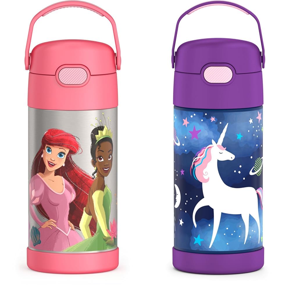 THERMOS FUNTAINER 12 Ounce Stainless Steel Vacuum Insulated Kids Straw Water Bottles Disney Princess and Space Unicorn