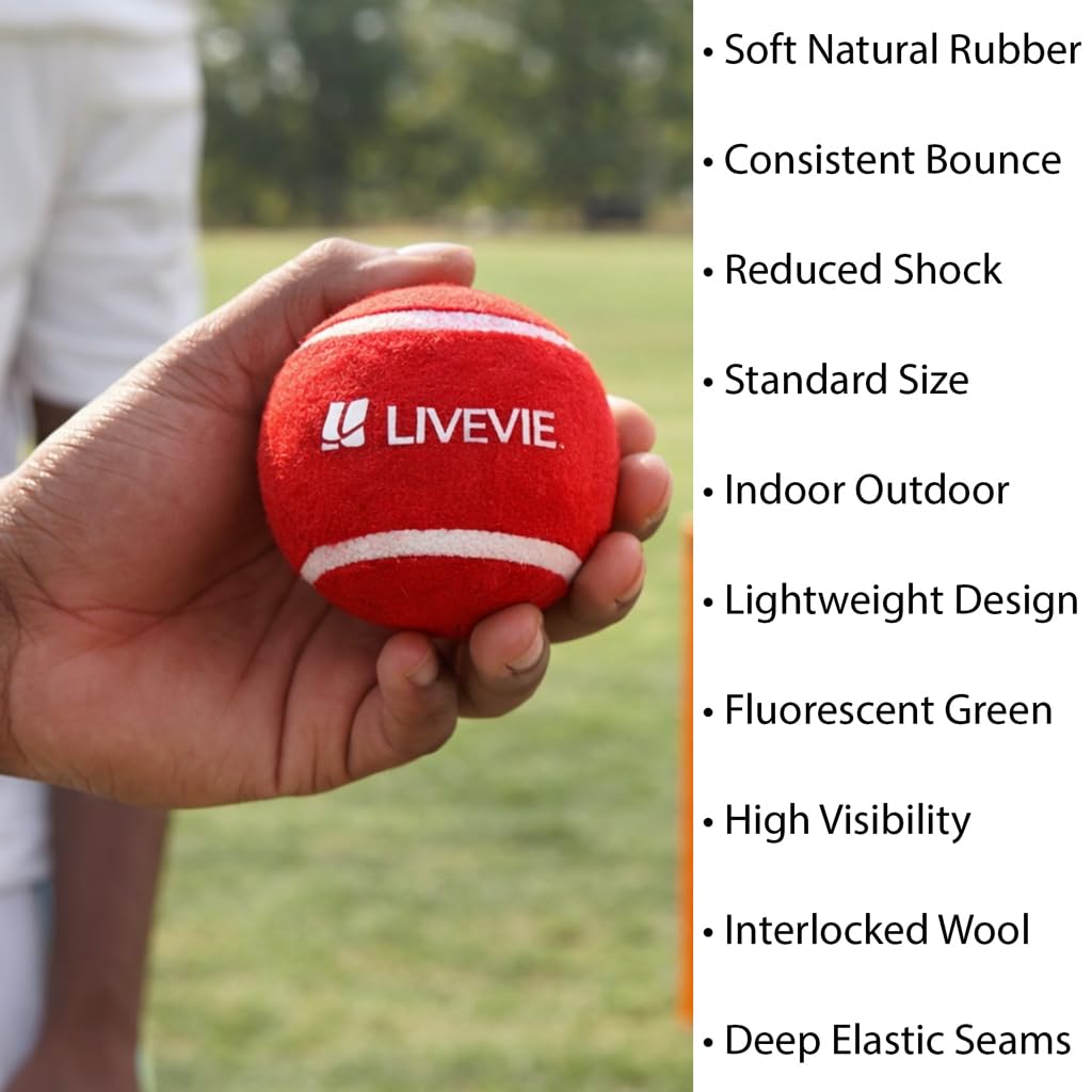 LIVEVIE Professionelle Cricket-Tennisbälle – gut sichtbare Trainingsbälle in fluoreszierendem Grün und klassischem Matchrot – strapazierfähige Gummi- und Wollfaser – Standard 6,3 cm – 6 & 12 Stück