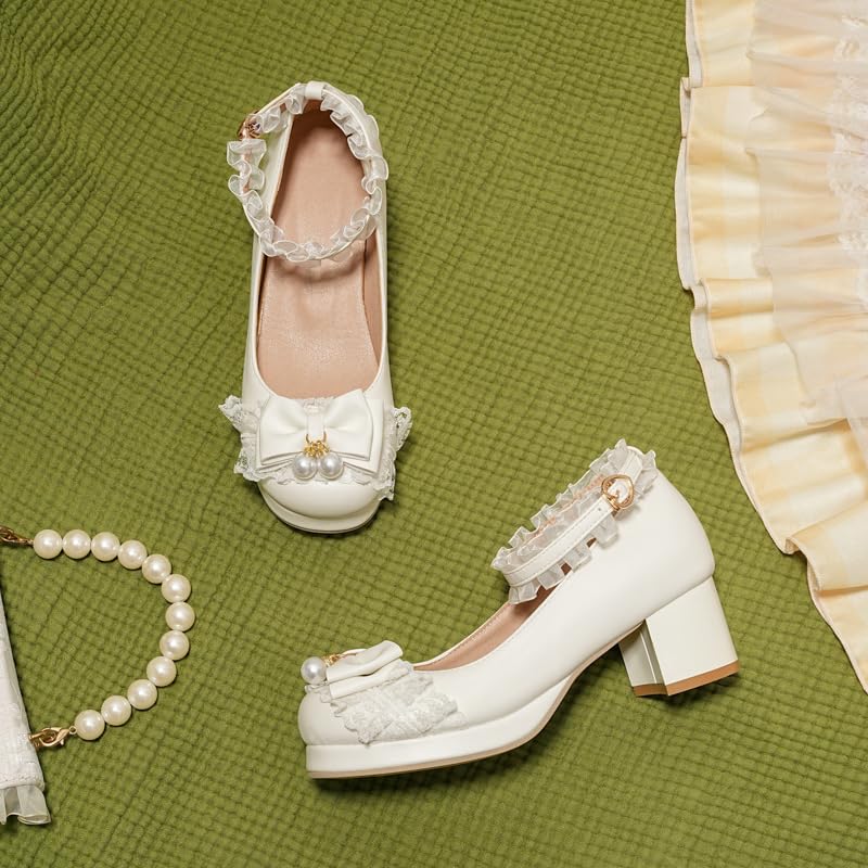 Seborluys Women's Sweet Lolita Cosplay Shoes Mid Chunky Heel Kawaii Platform Mary Jane Dress Pumps Ankle Strap with Lace Bow2