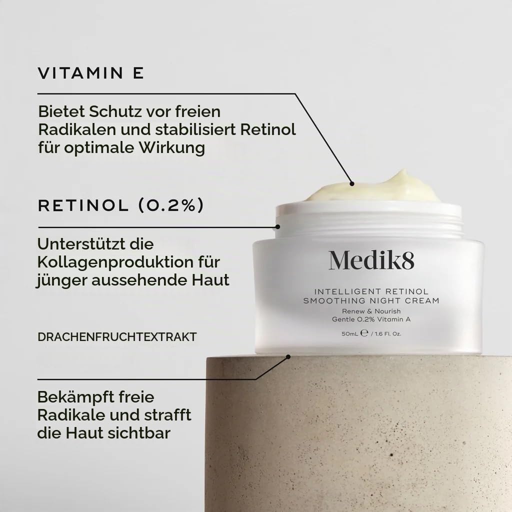 Medik8 Intelligente Retinol Glättende Nachtcreme - Erneuern & Pflegen Sanft 0,2% Vitamin A - 50 ml | Renew & Nourish Gentle 2-in-1 Nachtcreme, Glattere Haut, Antioxidans-Schutz