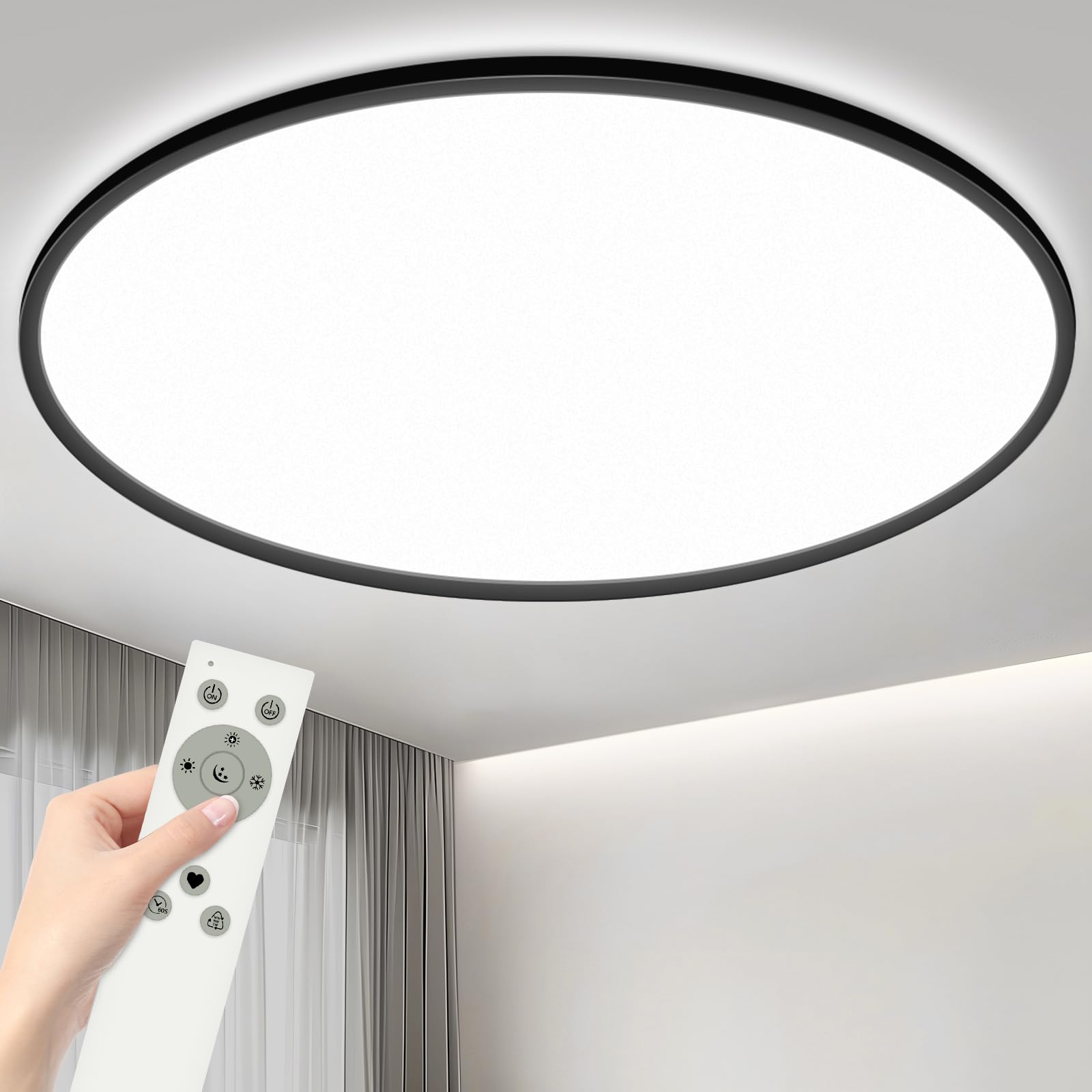 YIFMOO 40W LED Ceiling Light Flat Dimmable, Ø50CM Ceiling Lamp with Remote Control, 3000-6500K Modern Ultra Thin, Round Ceiling Lights Dimmable for Bathroom Living Room Office Kitchen, Black