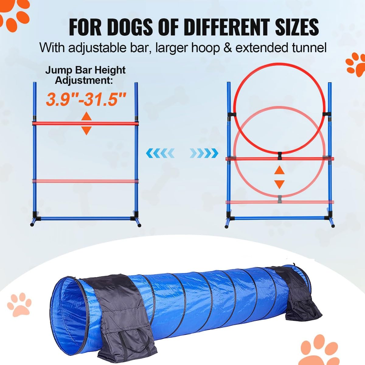 Hunde-Agility-Trainingsausrüstung, tragbares Hunde-Agility-Parcours-Set for den Garten mit 9 Fuß Hundetunnel, Sprungring, Pausenbox, Welpen-Hindernisparcours-Set mit Aufbewahrungstasche