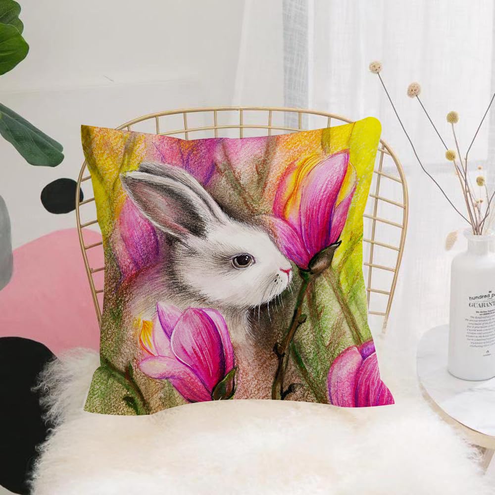 HYOSXW Cushion Cover,Throw Pillow Case Home Decorative for Living Room Bedroom Sofa Chair 16X16 Inch,Rabbit in flowers. Watercolor hand drawn illustration. Rabbits background Sprin,Pillowcase 40X40cm