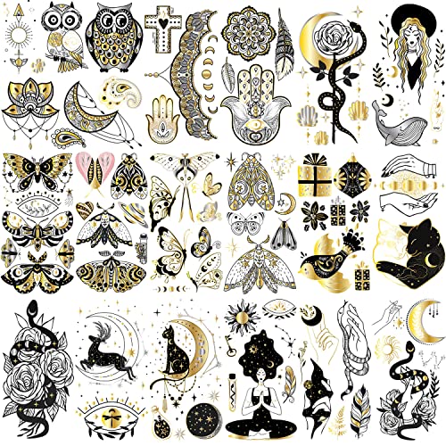 Glaryyears Metallic Gold Temporary Tattoo, 18-Pack Long-lasting Fake Tattoos, Small Size Variety Pack Realistic Tattoos