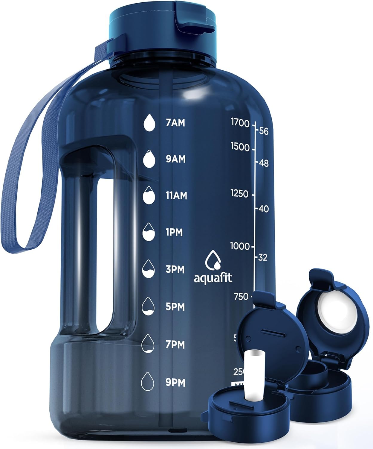 AQUAFIT Half Gallon Water Bottle with Time Marker | BPA Free Half Gallon Water Bottle with Straw and Chug Lids - Leakproof Gym Water Bottle with Carry Handle (Nebula)