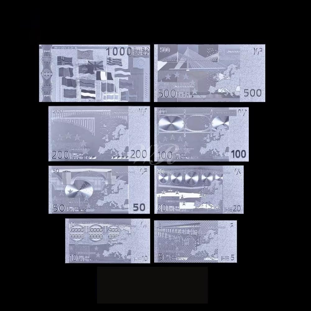 8PCS Silver Euro Bills Set Money, Souvenir Banknote 5/10/20/50/100/200/500/1000 Euro Bill, Set of Silver Commemorative Bills with Silver Foil