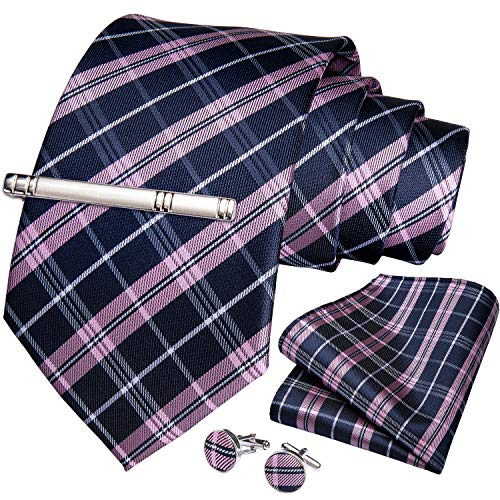 Image of DiBanGu Plaid Ties for Men Silk Checkered Necktie and Pocket Square Cufflinks Tie Clip Set with Gift Box for Wedding Business