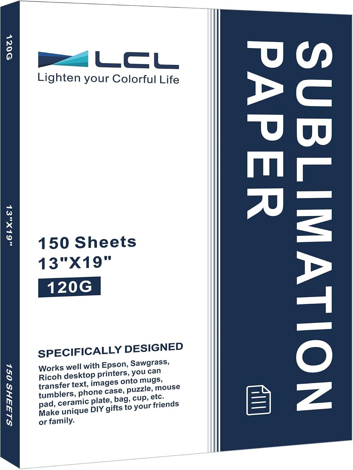 LCL Papel de sublimación 330x483mm, 150 hojas, 120 g/m², Compatible con la impresora de sublimación EPSON, SAWGRASS, RICOH y Brother