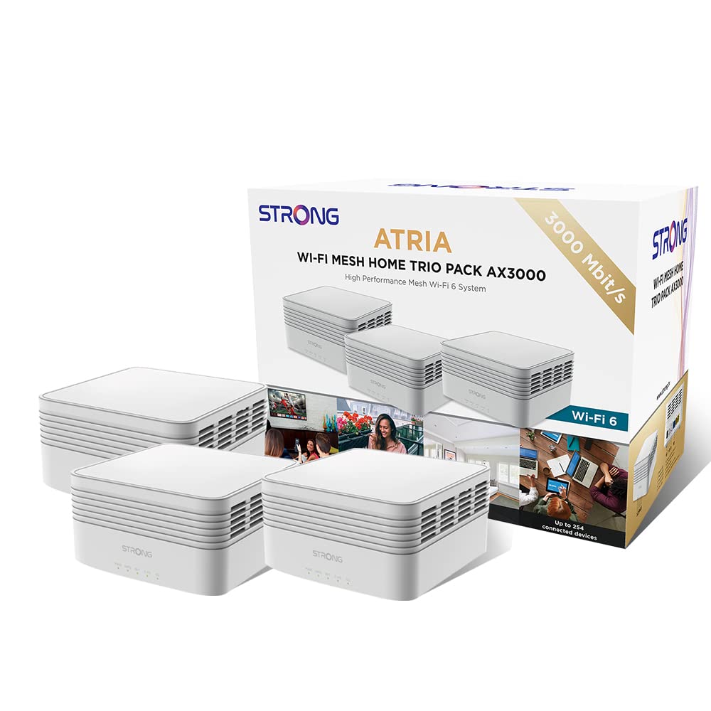 STRONG ATRIA AX3000 Whole Home Mesh Wi-Fi System, standard Wi-Fi 6 Velocità fino a 3000 Mbit/s, copre fino a 300 m2, App Control Seamless Roaming, Semplice configurazione (3 pezzi)