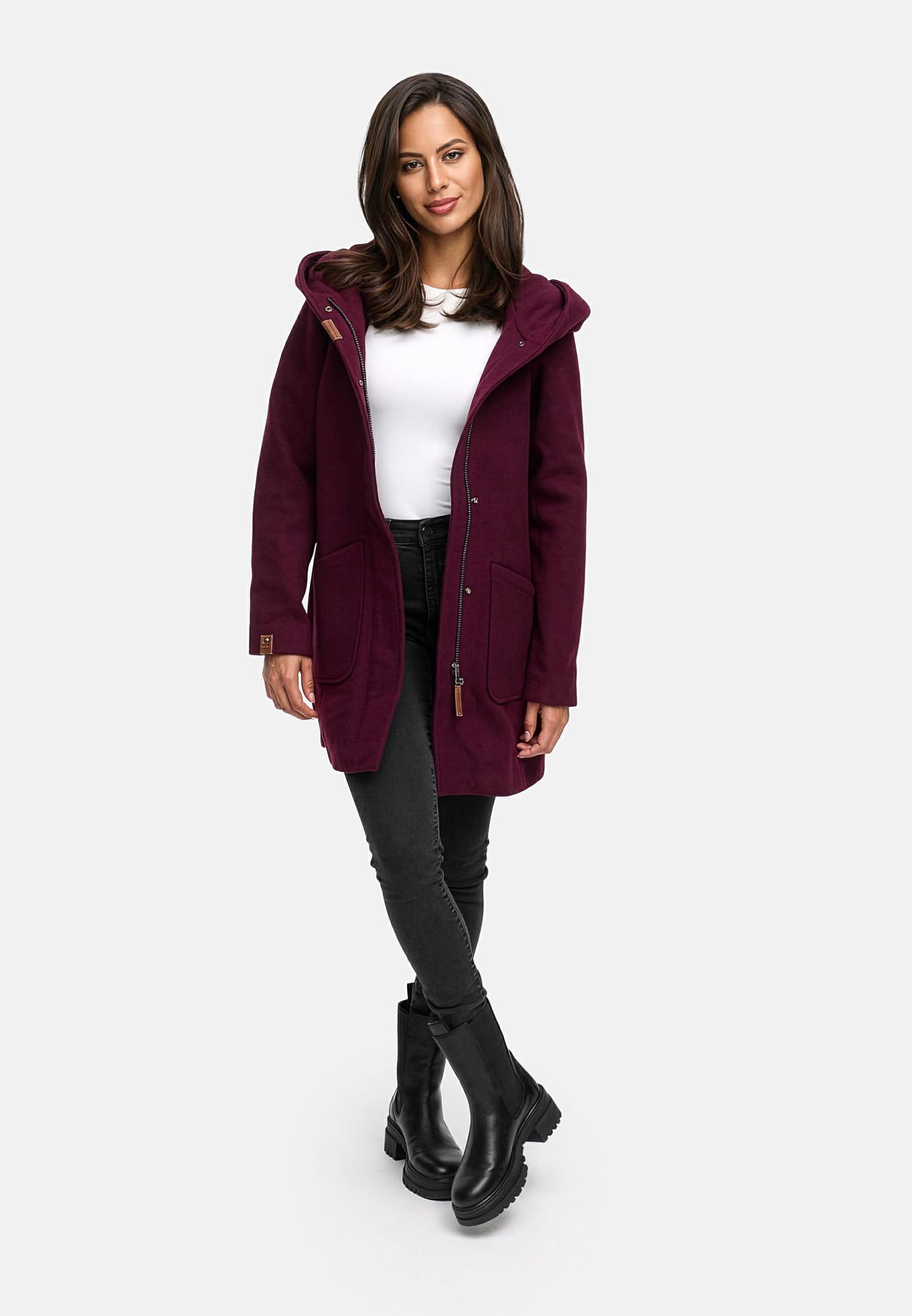 MARIKOO Damen Mantel in Wollmantel-Optik warmer Trenchcoat mit Kapuze Maikoo XS-5XL