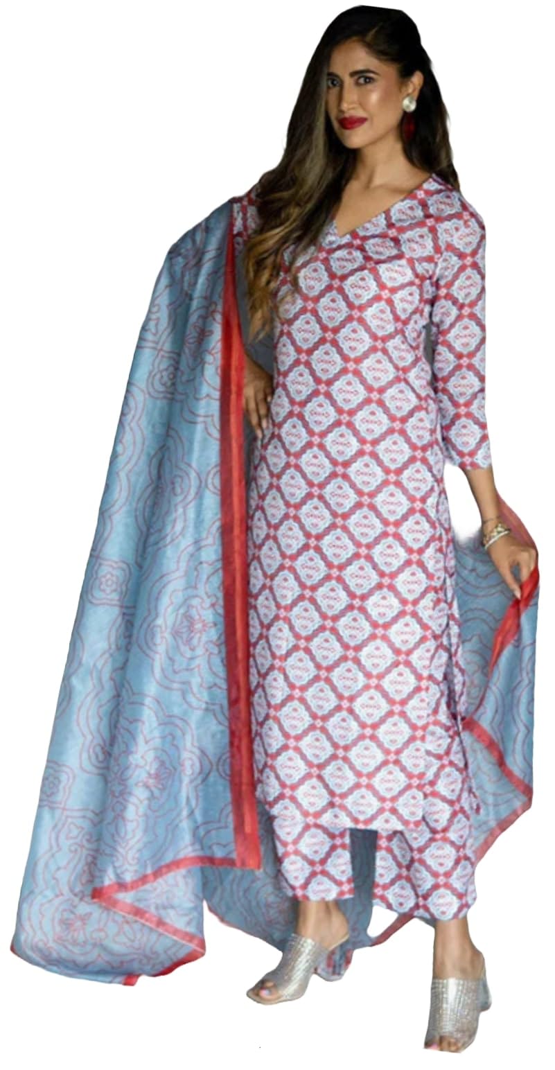 Lookmark Women's Latest Printed Cotton Blend Straight Kurta Pant Dupatta Set (Az-Lm-Og1-Ks2157-Xxl) Red