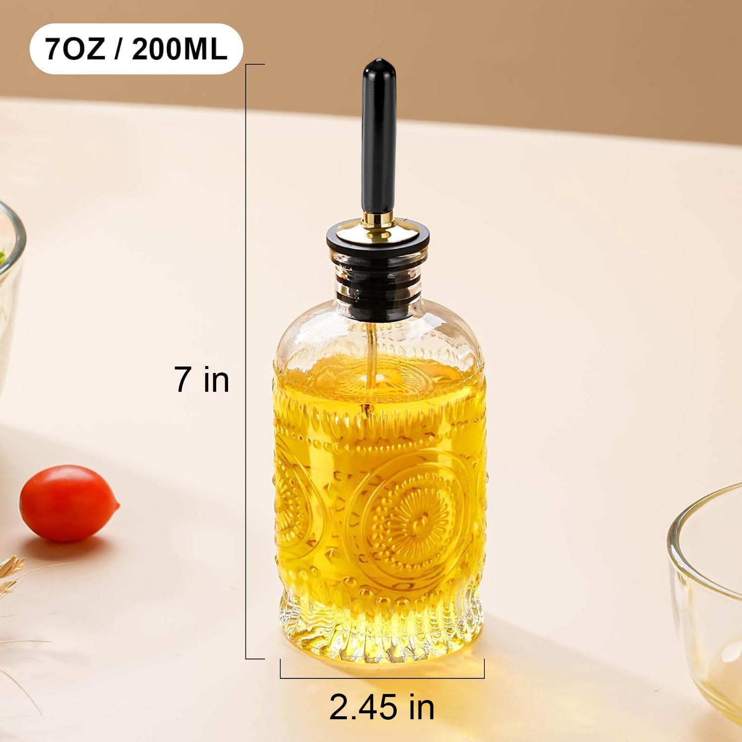 gegewawa Butelka z dozownikiem oliwy z oliwek do kuchni z metalową wylewką, dozownik syropu kawowego, 200 ml, elegancki szklany dozownik oleju kuchennego do kuchni