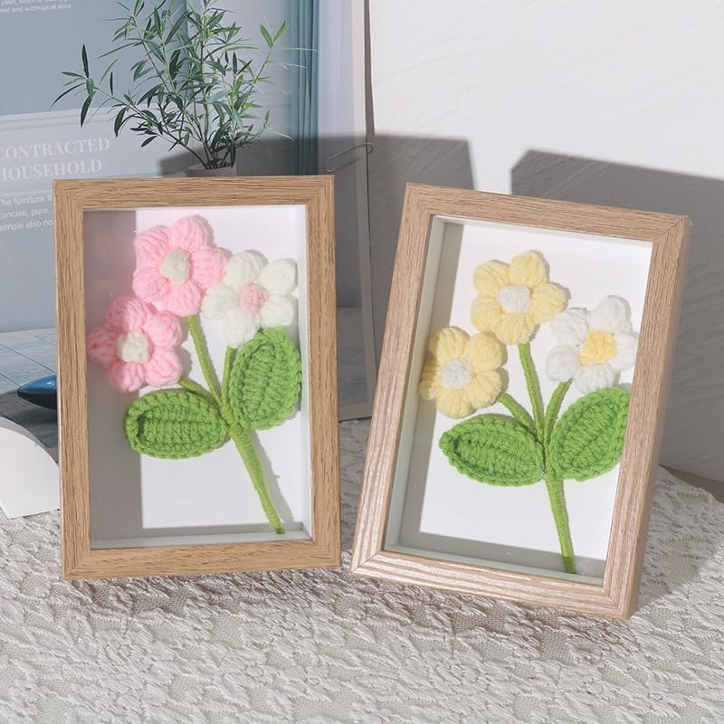 werdecade Crochet Bouquets Photo Frame Sunflower Crochet Kit Frame with Background Plate for Mother's Day Friends Womens Gifts Spring Desktop Decoration Wall Office Children's Room Decor 6.7'' (C)