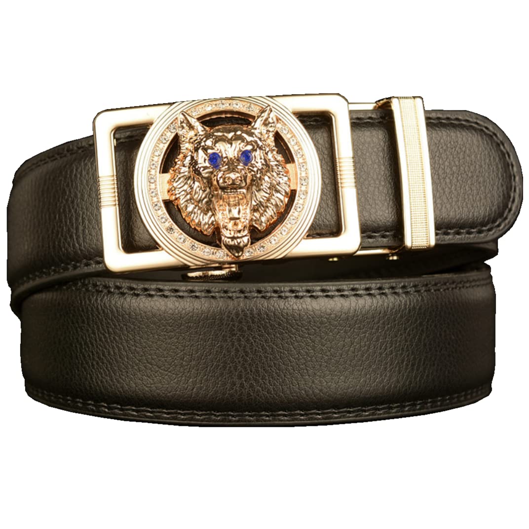 Numney Luxury Men Belts Wolf Head Black Leather 1.38 inch Width Designer Belts for Men,Used for Mens Dress Casual Adjustable Belt