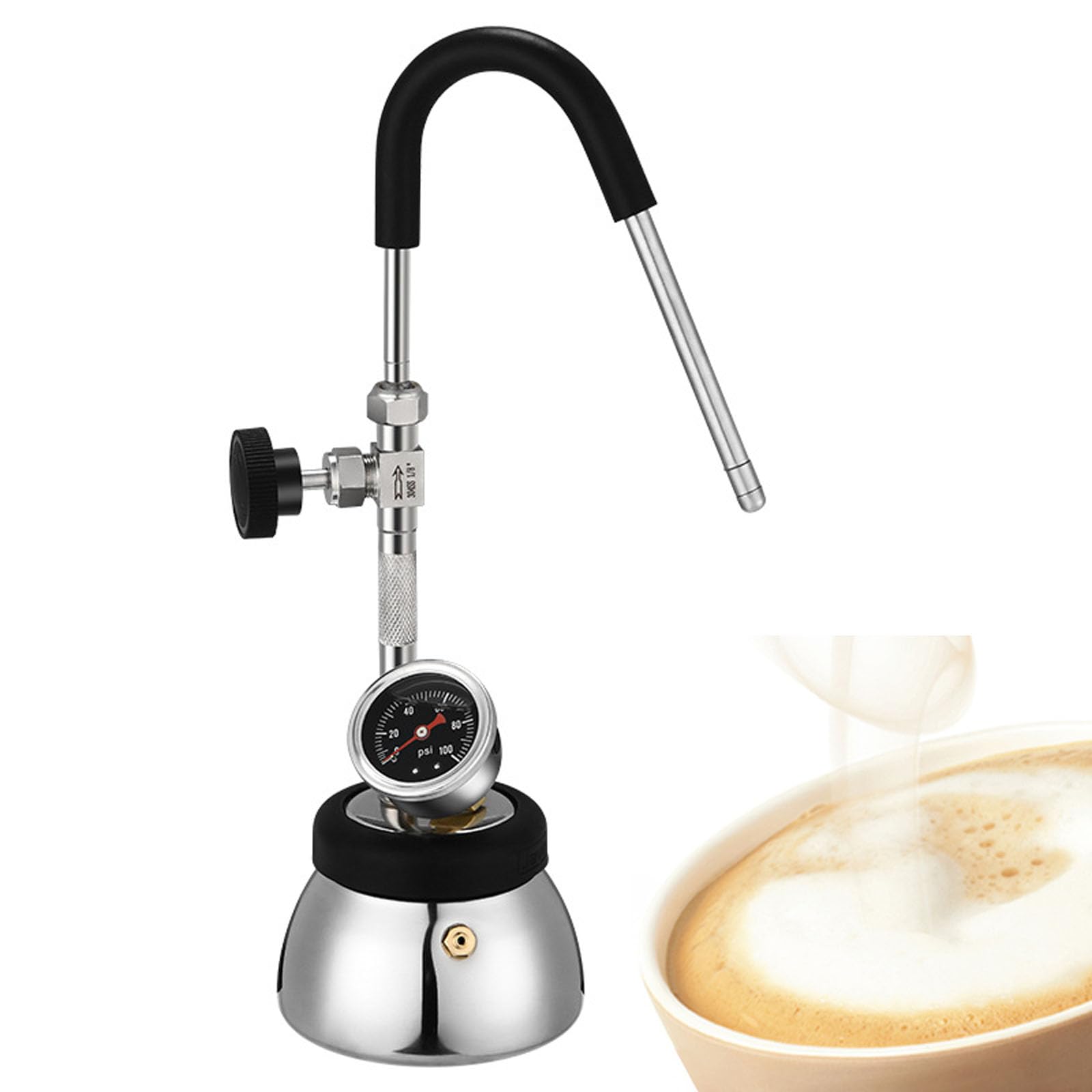 Maszyna do spieniania mleka parowego ze stali nierdzewnej 300 Ml, spieniacz i parowiec do mleka z zaworem odciążającym/manometrem, 4 bar zawór odciążający, kąt