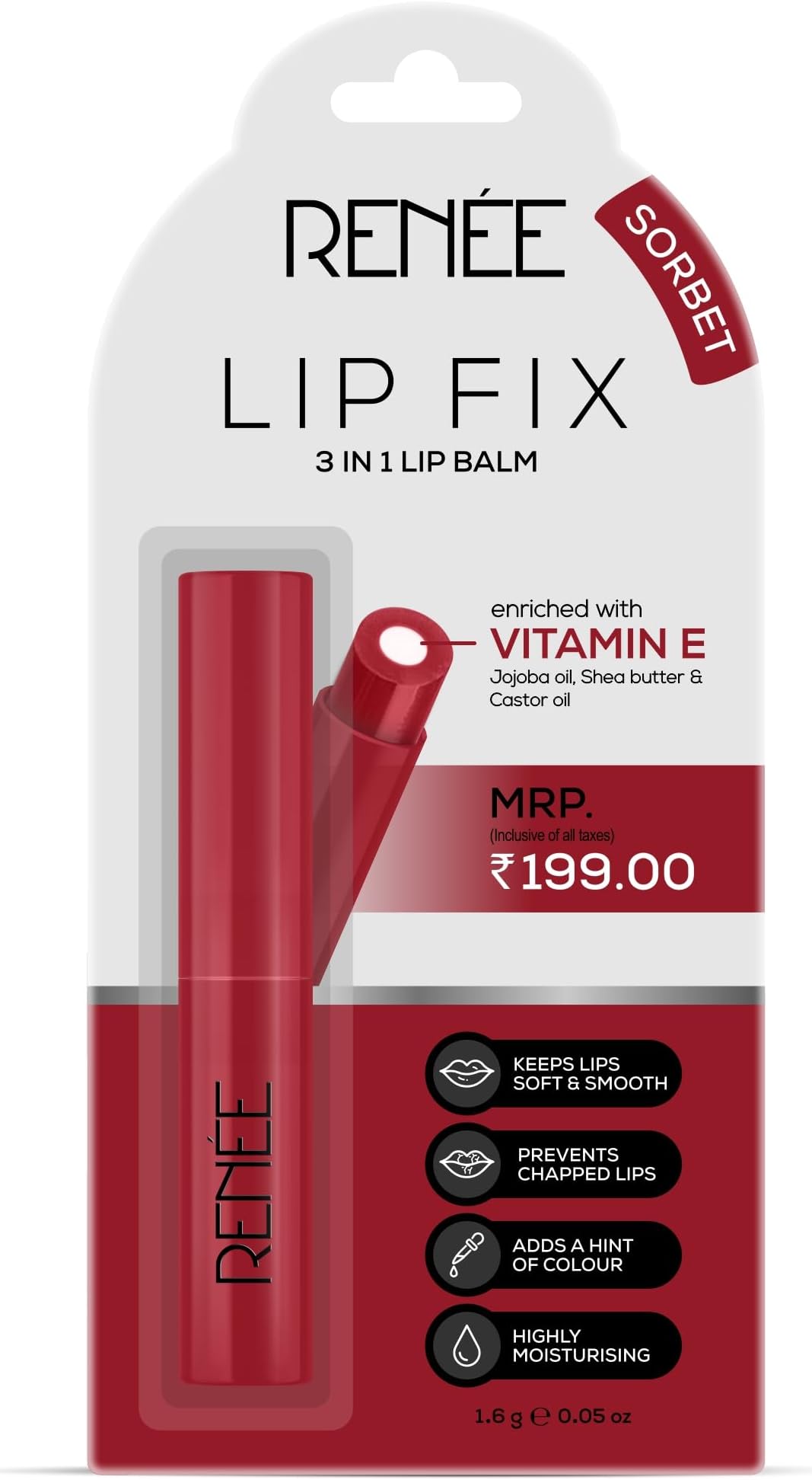RENEE Lip Fix 3 in 1 Tinted Lip Balm 01 Sorbet 1.6 Gm, Heals, Lightens & Nourishes | Dual Core Care Enriched with Vitamin E, Shea Butter & Jojoba Oil for Dry & Chapped Dry Lips