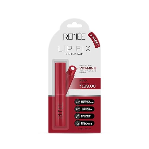 RENEE Lip Fix 3 in 1 Tinted Lip Balm 01 Sorbet 1.6 Gm, Heals, Lightens & Nourishes, Dual Core Care Enriched with Vitamin E, Shea Butter & Jojoba Oil for Dry & Chapped Dry Lips