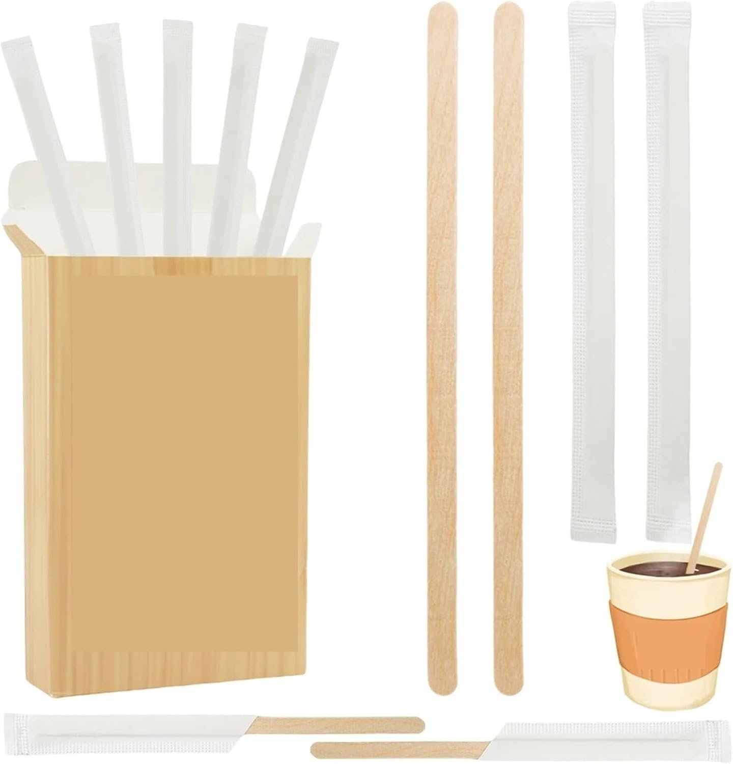 200pcs Wooden Coffee Stirrers Individually Packaged Cocktail Stirrers Disposable Stirrer for Coffee Cocktails Hot Beverages