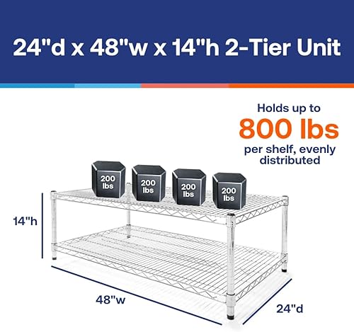 Miniatura 2 de Shelving Inc. Estantería de alambre cromado de 24 pulgadas de profundidad x 48 pulgadas de ancho con estantes de 2 niveles, capacidad de peso de 800