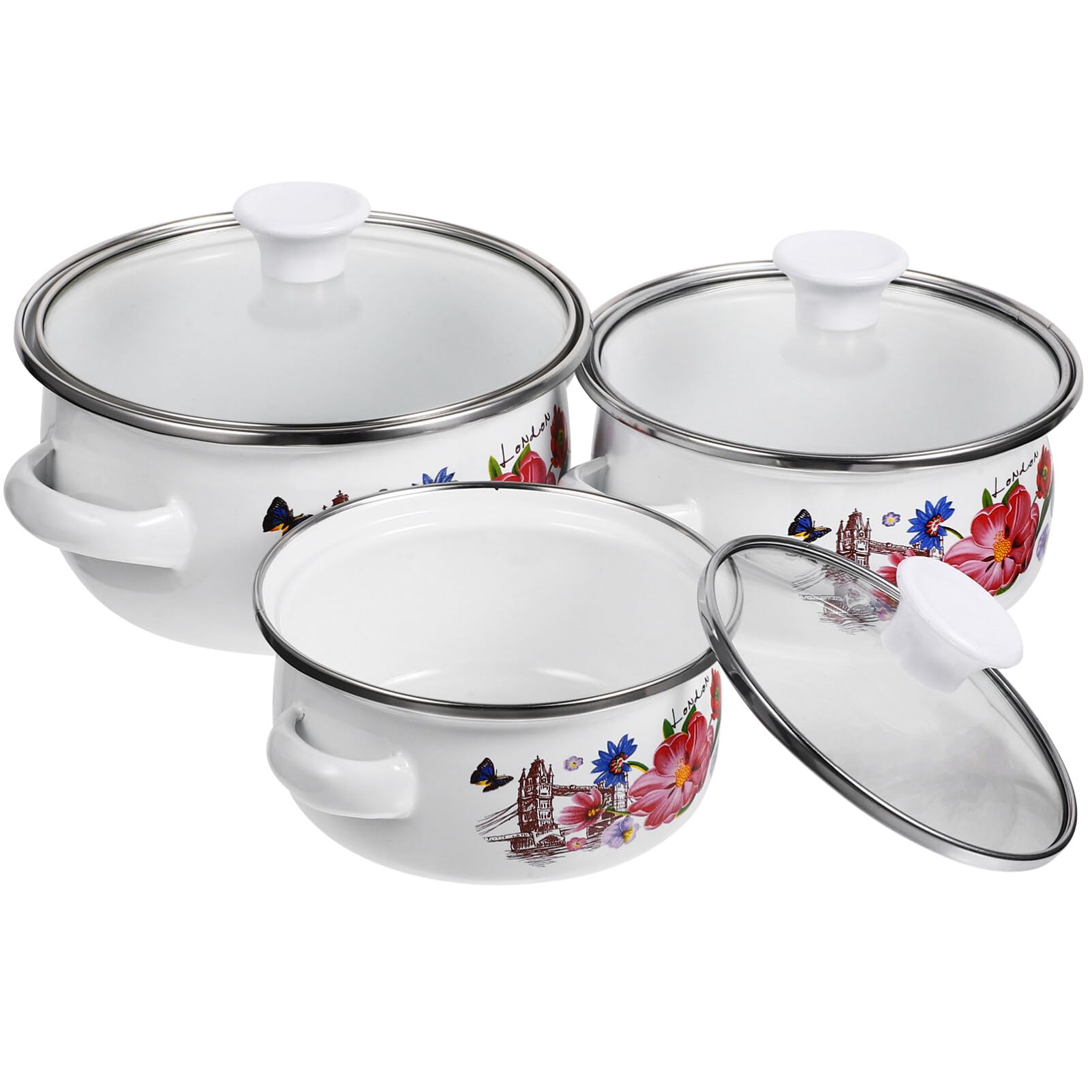 Ciieeo 3pcs Enamelware Pot Set Enamel Stockpot with Lid Retro Floral ...