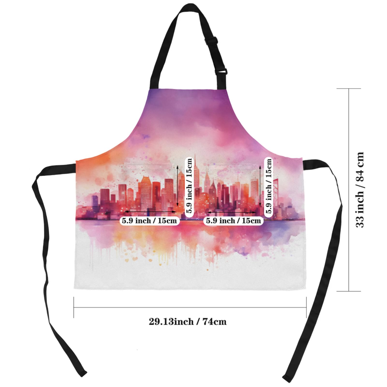 Aglebo Watercolor City Silhouette Chef Apron with Pockets Adjustable Shoulder Strap Waterproof Cooking Apron for Kitchen Baking Gardening Pottery Painting