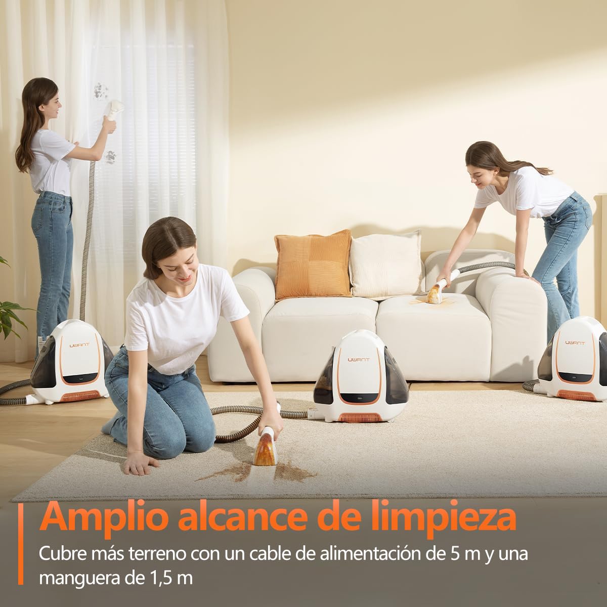 uwant Máquina Limpiadora de apiceriasy Tapicerías con de Succión Potente, Portátil, Para Manchas de Mascotas, Sofá, Coche y Alfombra, Con Herramientas y Solución de Limpieza