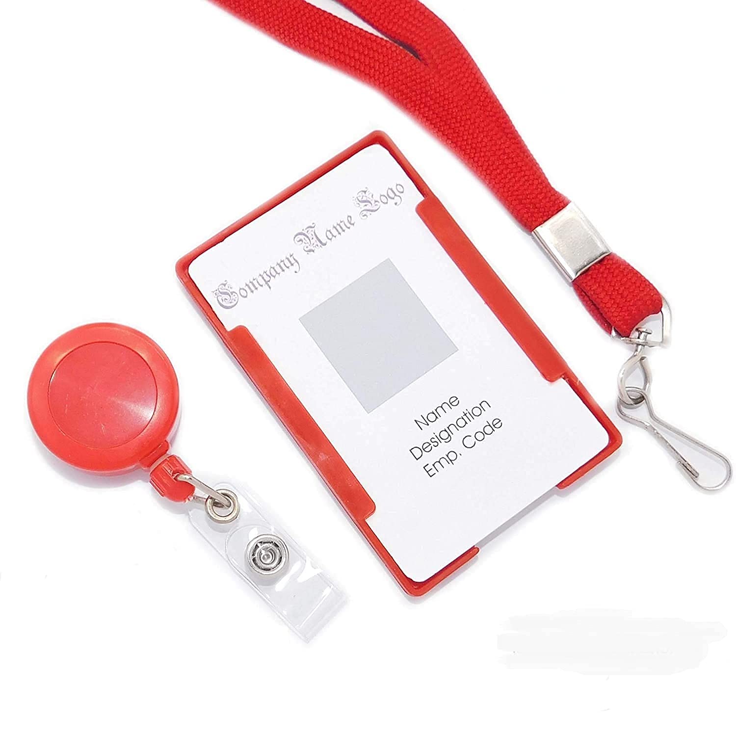 ANG Plastic ID Badge Holder, ID Badge Reel, Lanyard RED (Pack of 2)